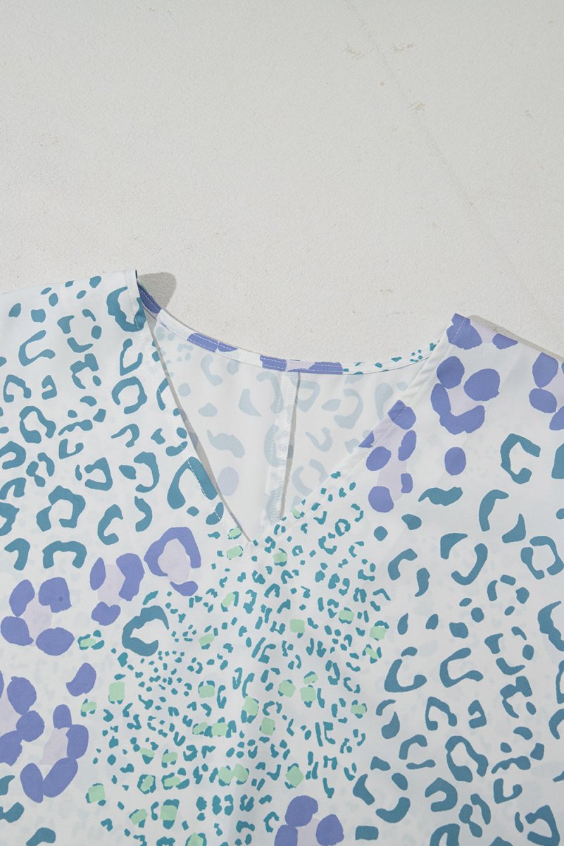 Sky Blue Mixed Leopard Print V Neck Short Sleeve Blouse - Love Salve