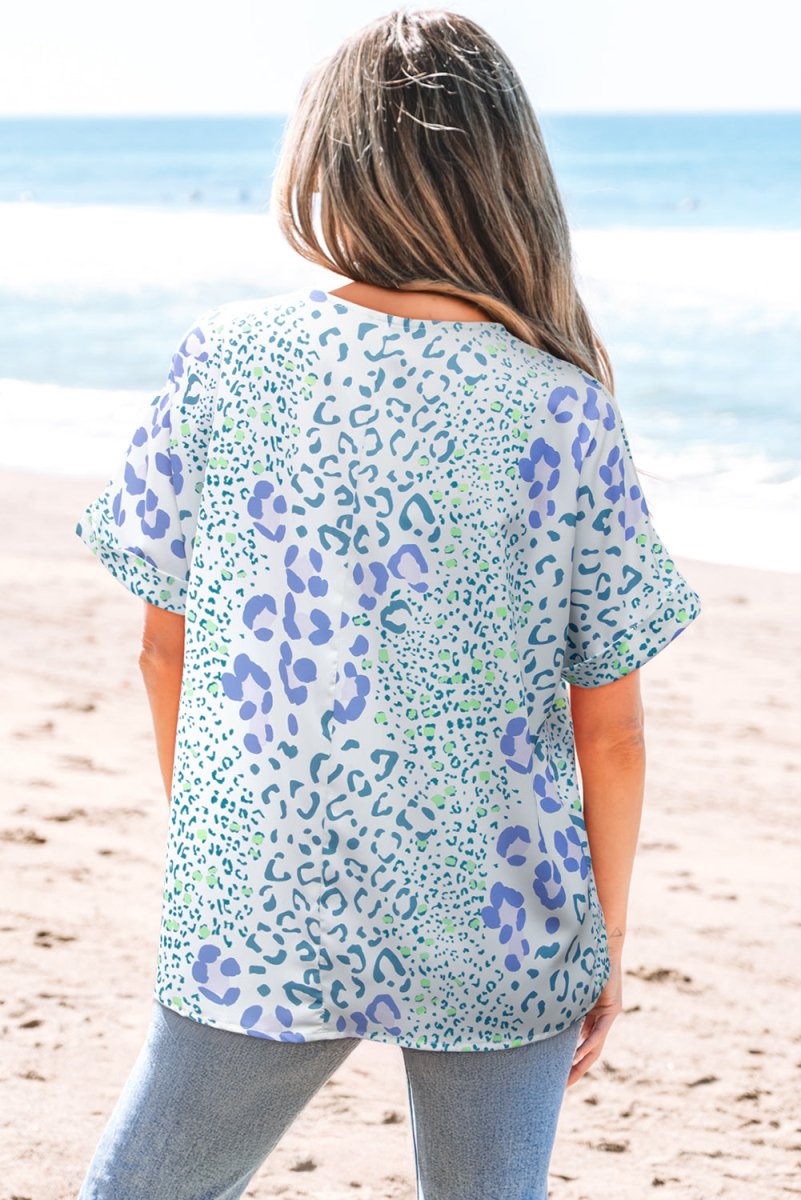 Sky Blue Mixed Leopard Print V Neck Short Sleeve Blouse - Love Salve
