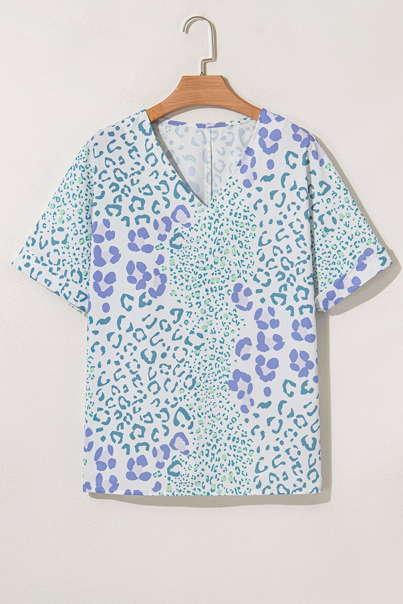 Sky Blue Mixed Leopard Print V Neck Short Sleeve Blouse - Love Salve