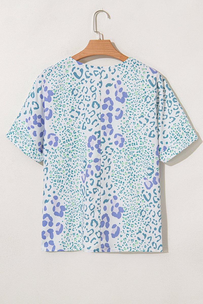 Sky Blue Mixed Leopard Print V Neck Short Sleeve Blouse - Love Salve