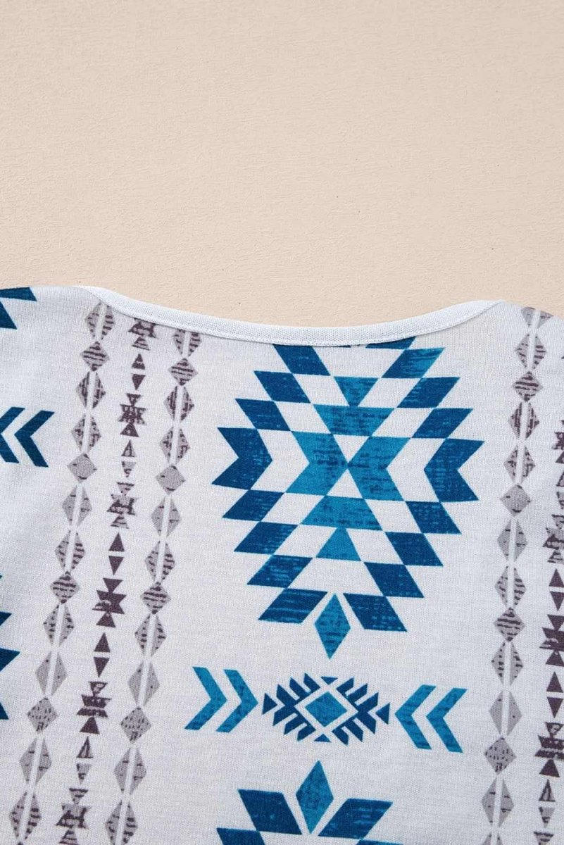 Sky Blue Open Front Long Cardigan with Western Aztec Design - Love Salve