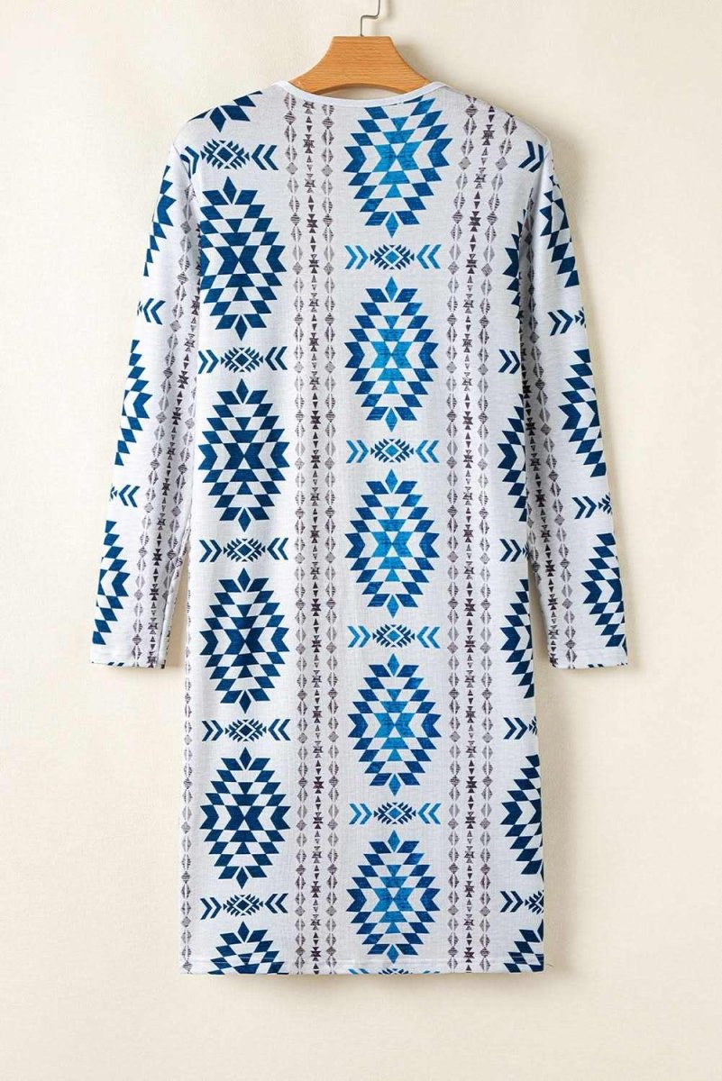 Sky Blue Open Front Long Cardigan with Western Aztec Design - Love Salve