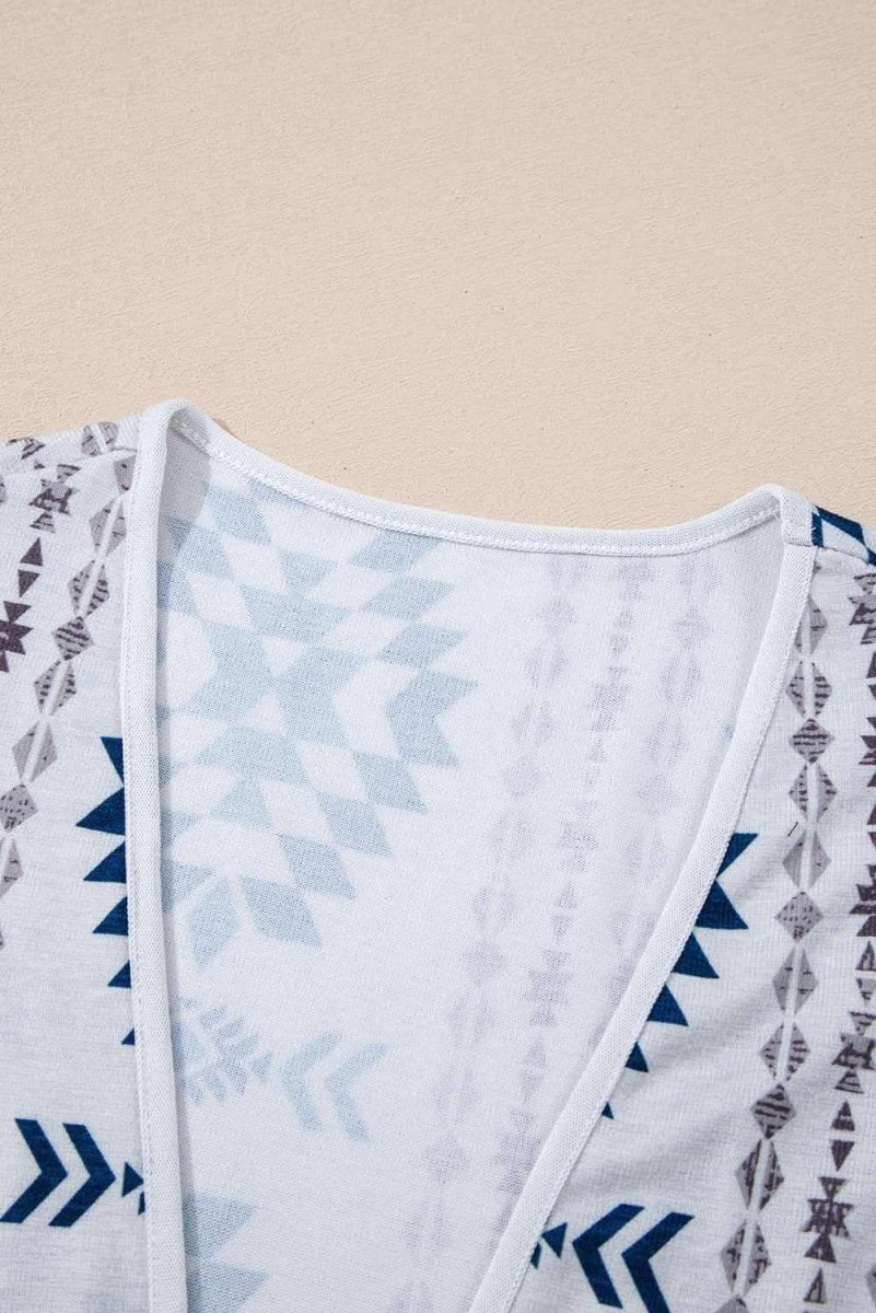 Sky Blue Open Front Long Cardigan with Western Aztec Design - Love Salve