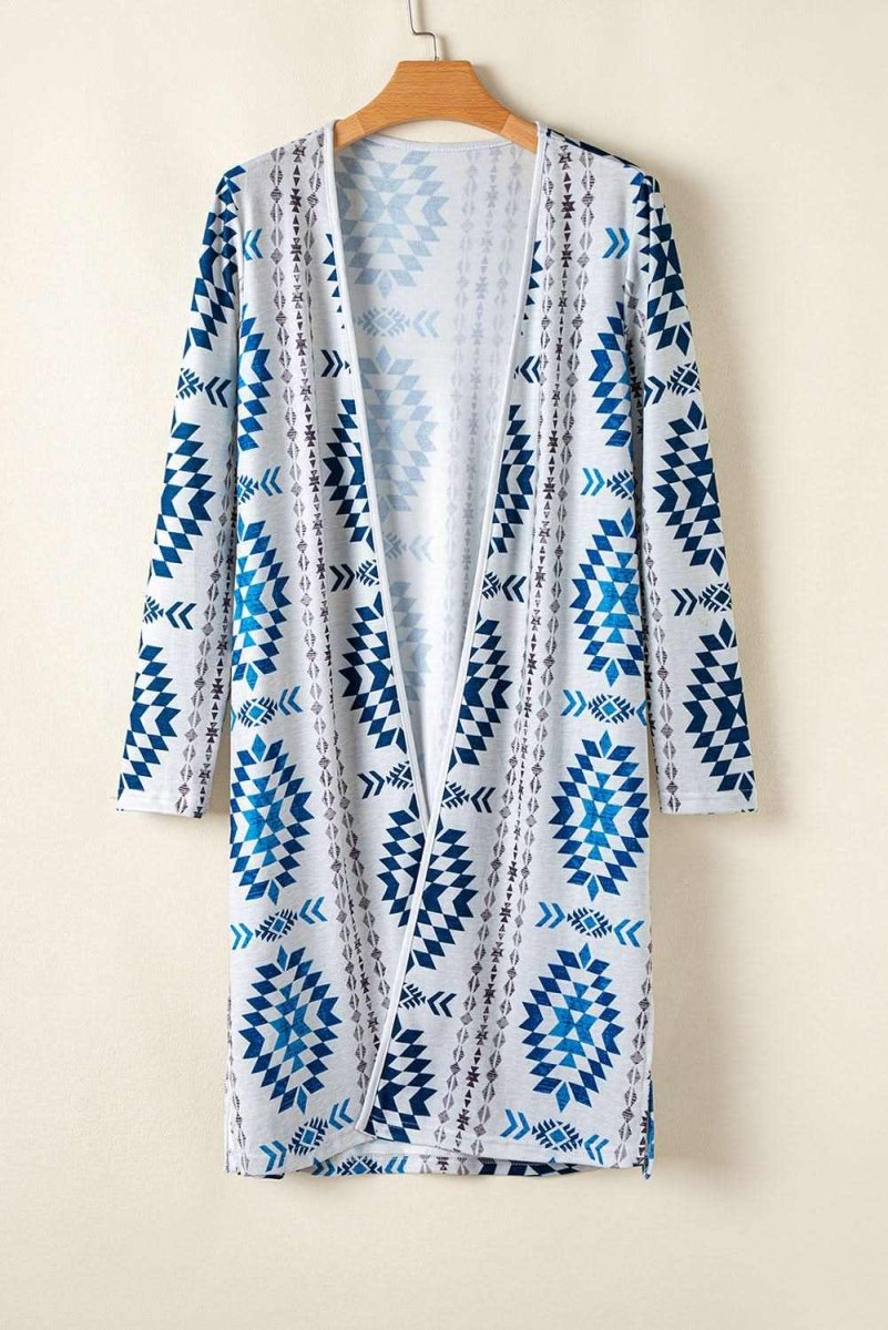 Sky Blue Open Front Long Cardigan with Western Aztec Design - Love Salve