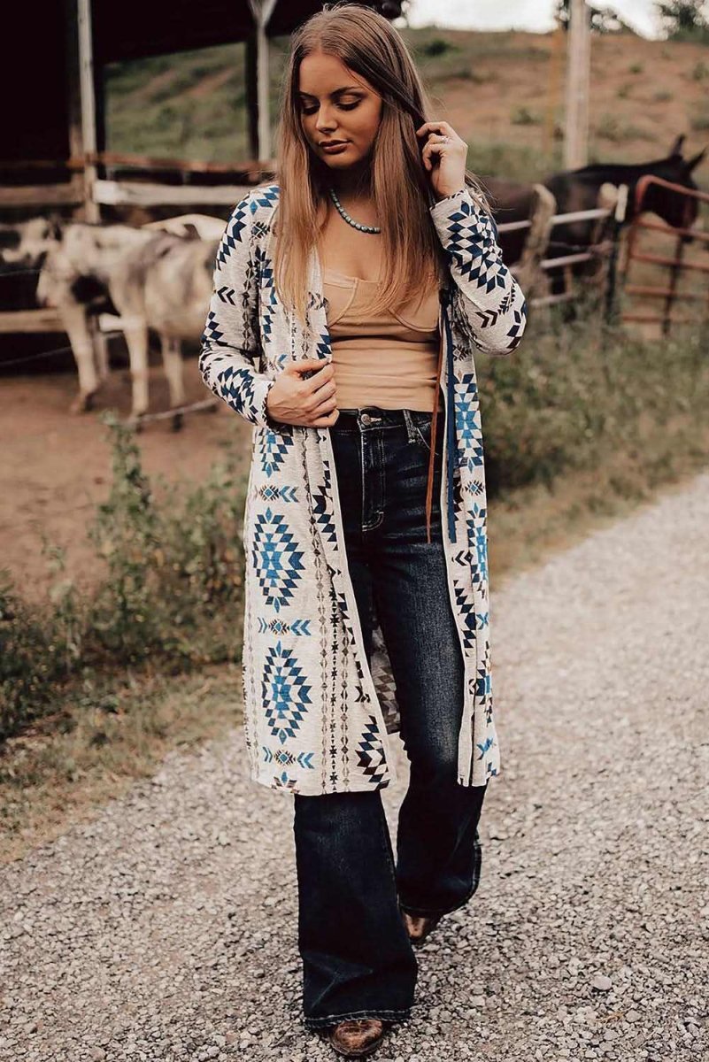 Sky Blue Open Front Long Cardigan with Western Aztec Design - Love Salve