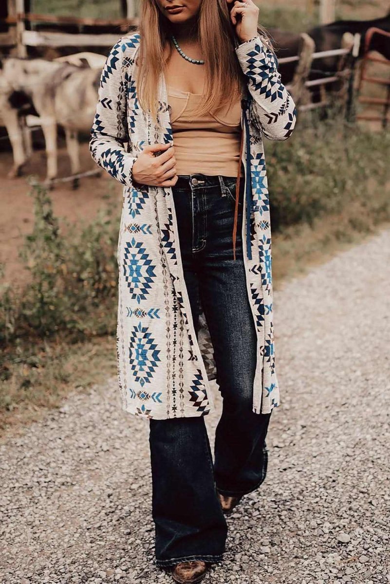 Sky Blue Open Front Long Cardigan with Western Aztec Design - Love Salve
