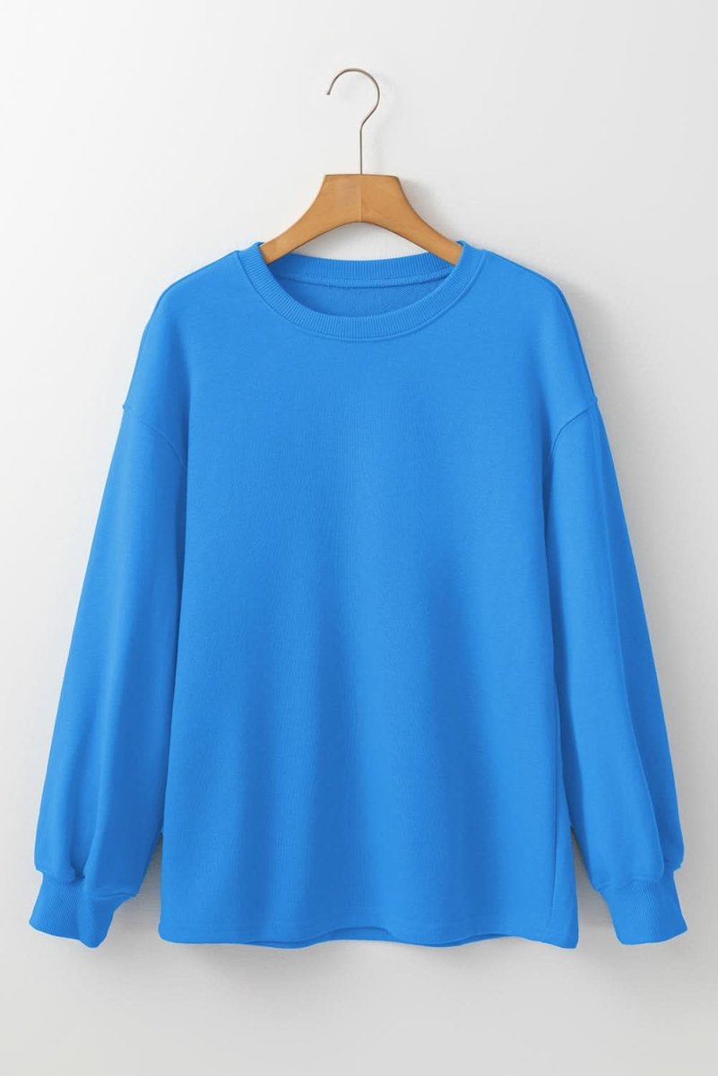 Sky Blue Solid Color Drop Shoulder Long Sleeve Basic Sweatshirt - Love Salve