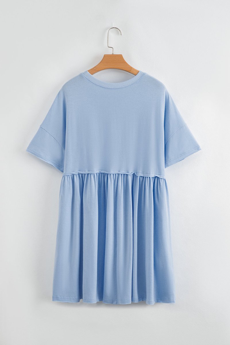 Sky Blue Solid Color Pocketed Raw Edge Babydoll Dress - Love Salve