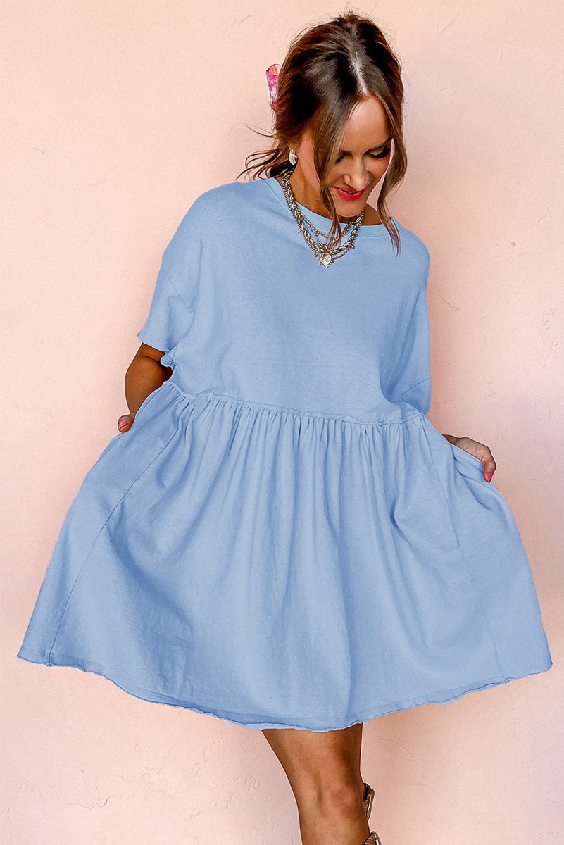 Sky Blue Solid Color Pocketed Raw Edge Babydoll Dress - Love Salve
