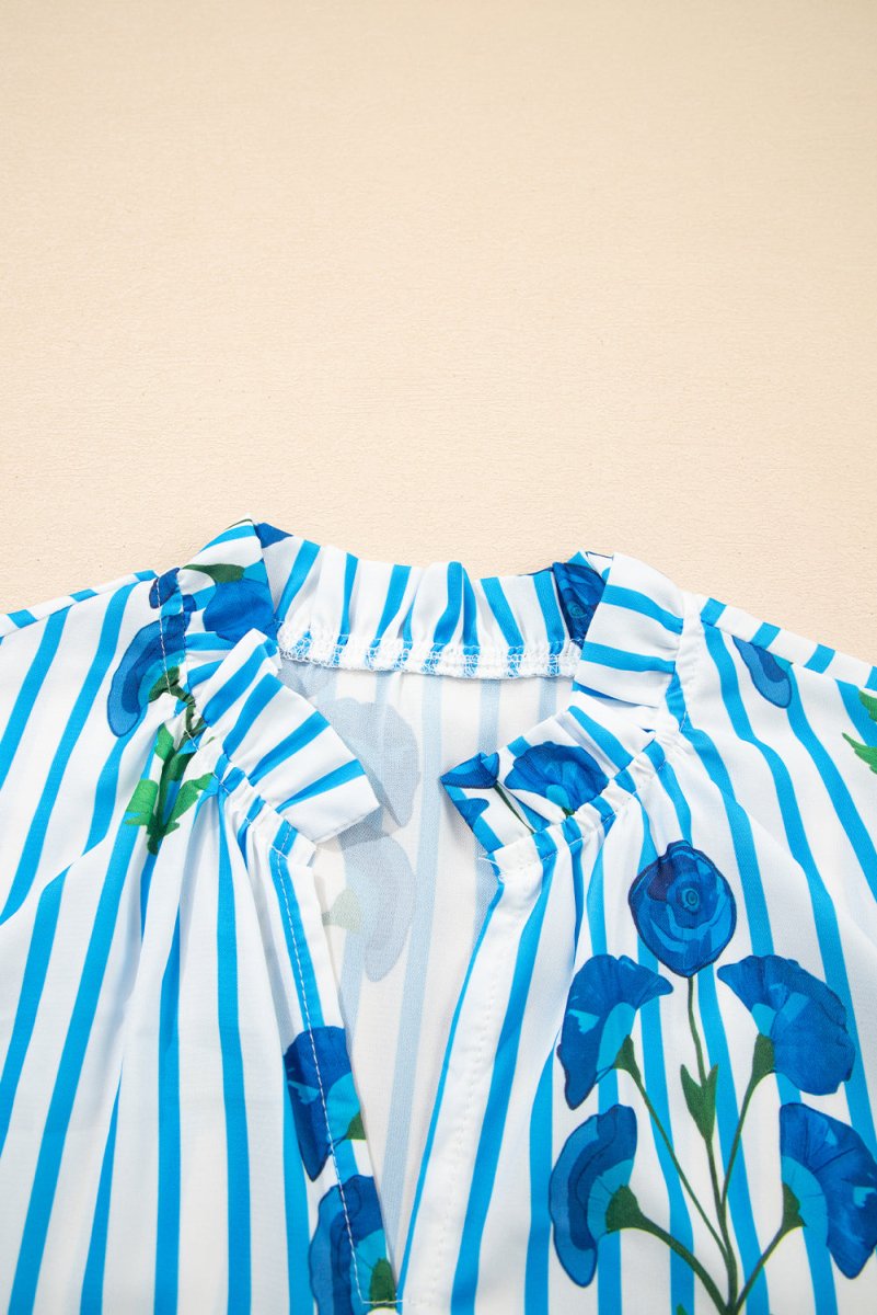 Sky Blue Stripe Floral Buttoned Frilly Notched Neck Puff Sleeve Summer Blouse - Love Salve