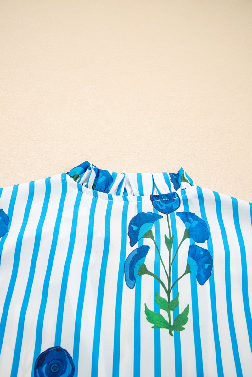 Sky Blue Stripe Floral Buttoned Frilly Notched Neck Puff Sleeve Summer Blouse - Love Salve