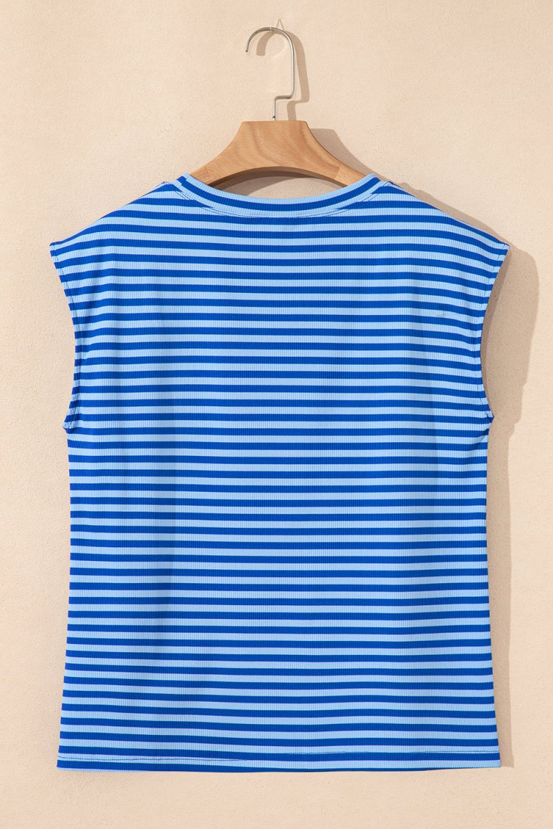 Sky Blue Stripe Ribbed Cap Sleeve Round Neck T Shirt for Women - Love Salve