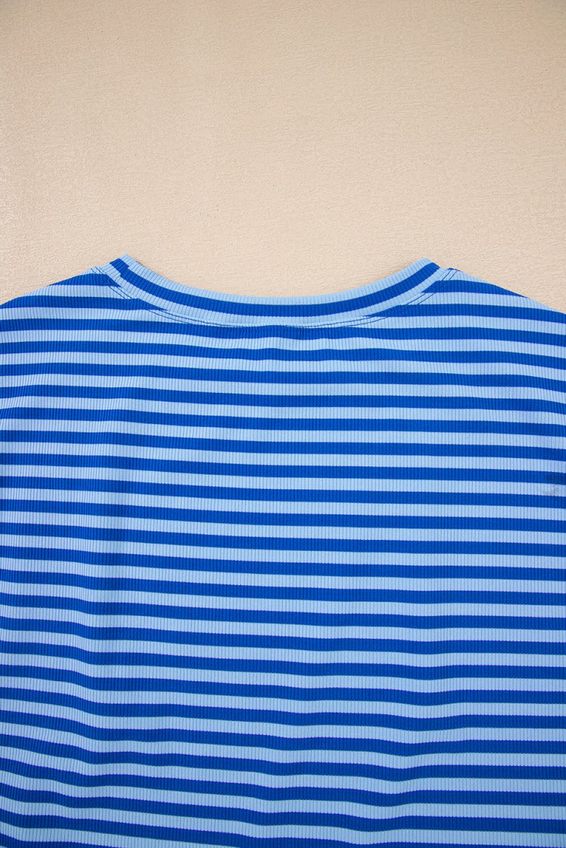Sky Blue Stripe Ribbed Cap Sleeve Round Neck T Shirt for Women - Love Salve