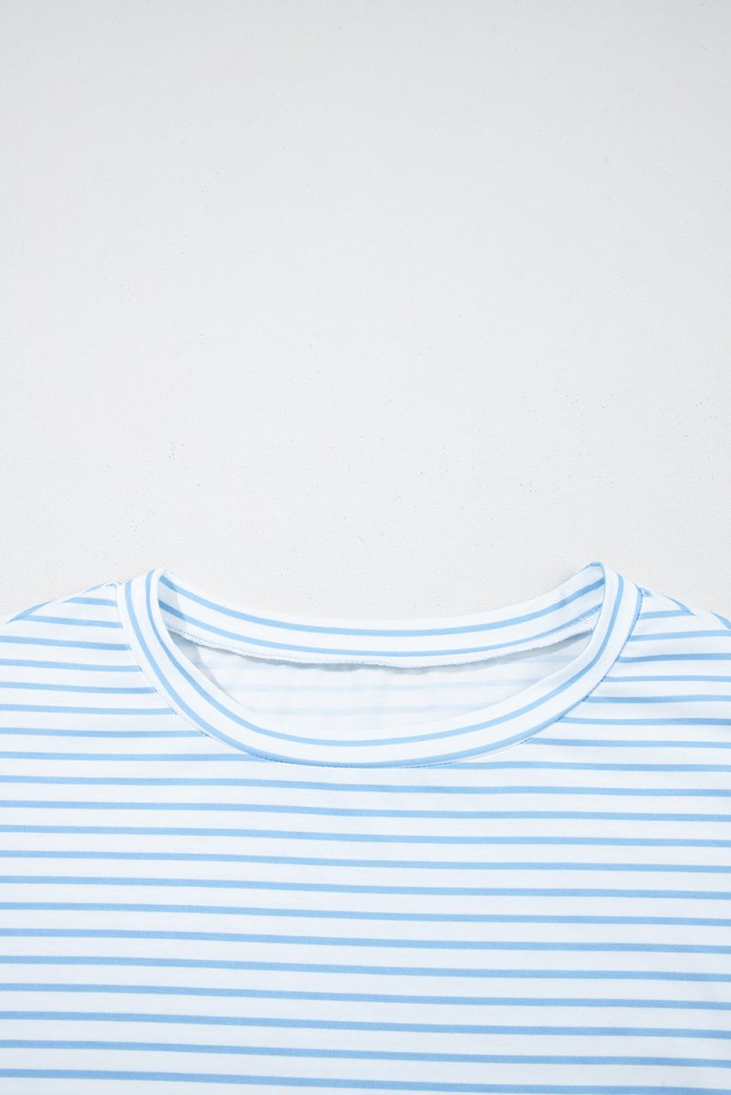 Sky Blue Stripe Three Quarter Floral Puff Sleeve Patchwork Drop Shoulder Top - Love Salve