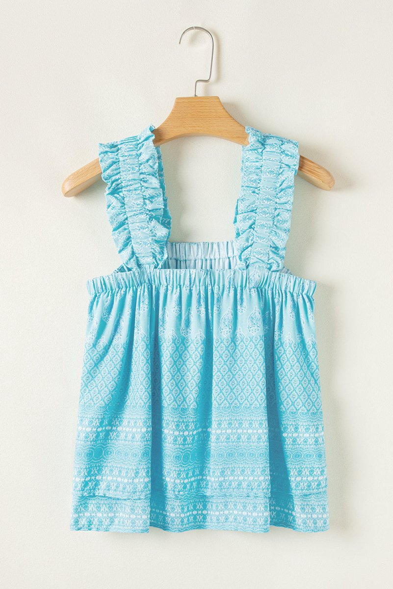 Sky Blue Tribal Pattern Print Ruffled Wide Straps Tank Top - Love Salve