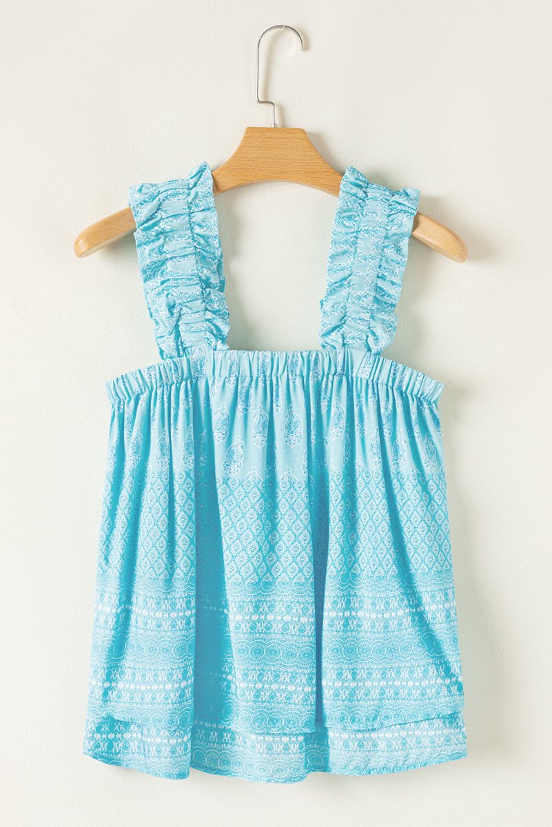 Sky Blue Tribal Pattern Print Ruffled Wide Straps Tank Top - Love Salve