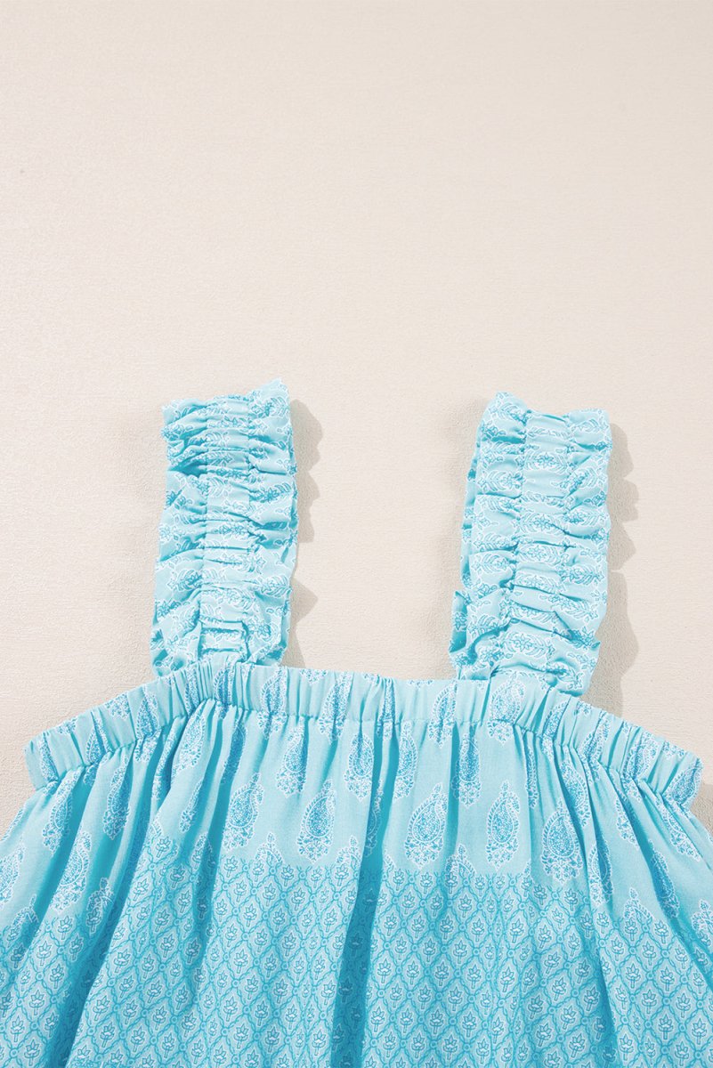 Sky Blue Tribal Pattern Print Ruffled Wide Straps Tank Top - Love Salve