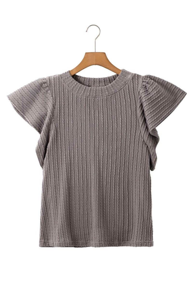 Sleet Solid Color Textured Flutter Sleeve Top - Love Salve