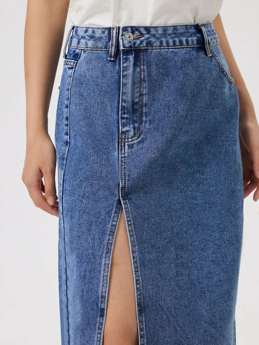 Slit Midi Denim Skirt with Pockets - Love Salve