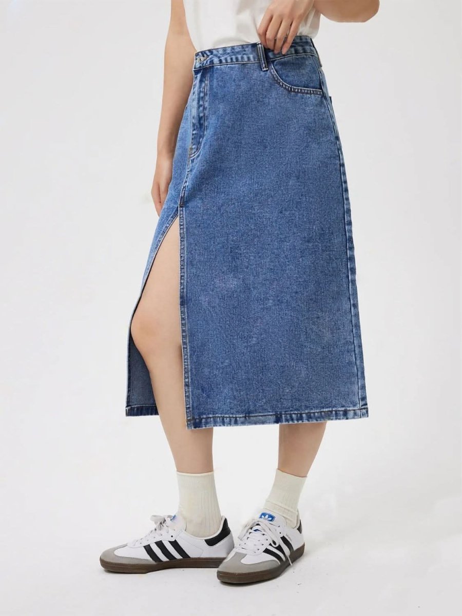 Slit Midi Denim Skirt with Pockets - Love Salve
