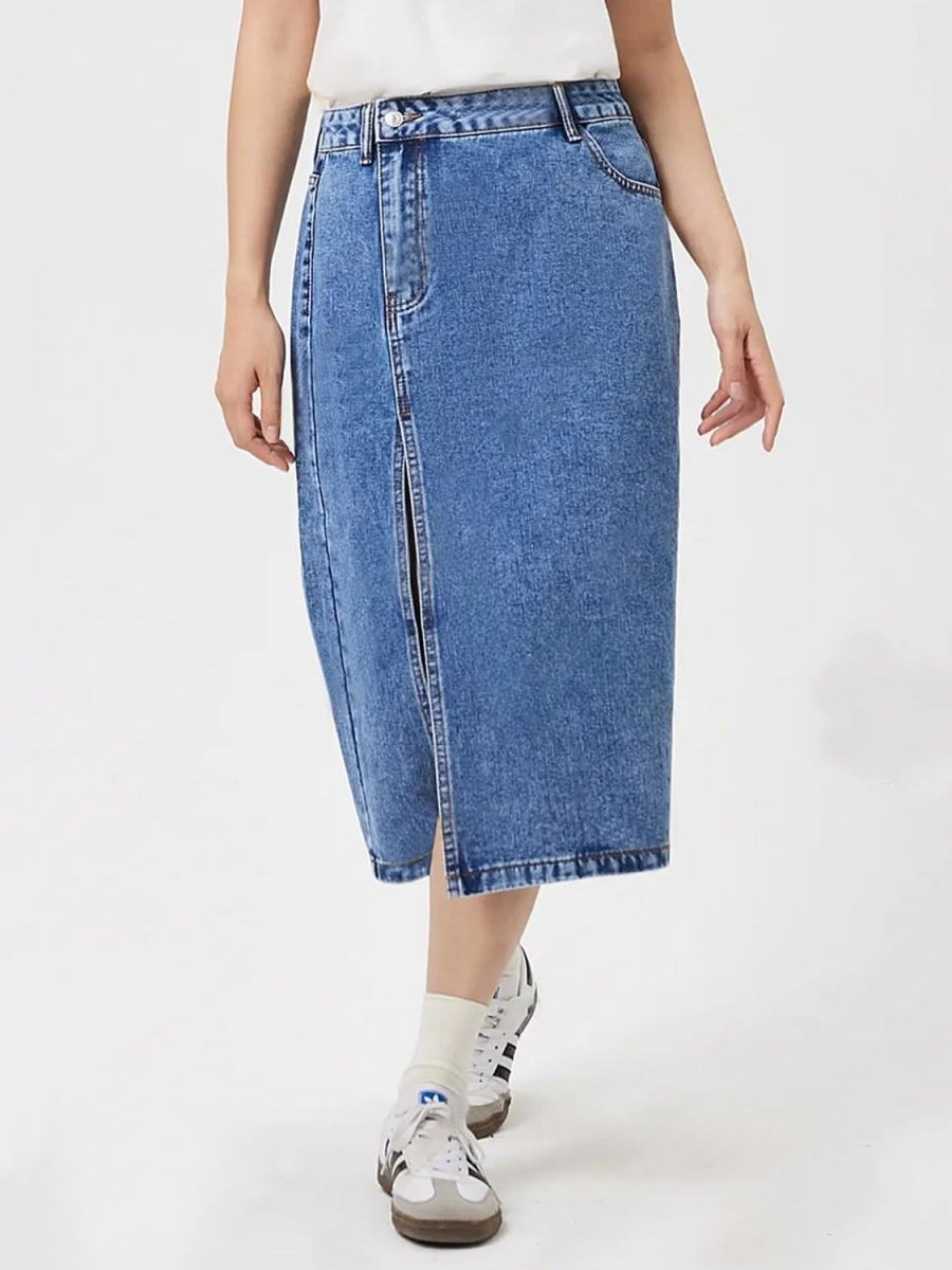 Slit Midi Denim Skirt with Pockets - Love Salve