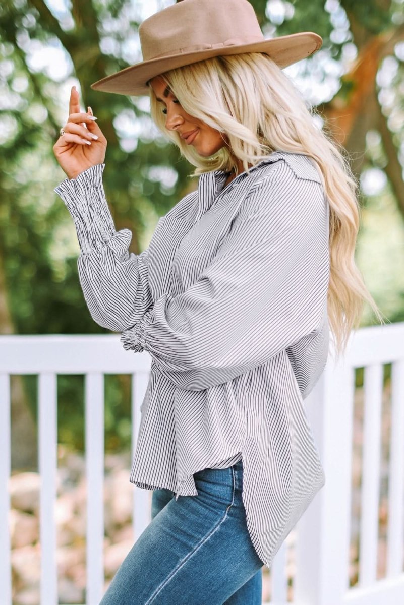 Smocked Cuffed Striped Boyfriend Shirt with Pocket - Love Salve
