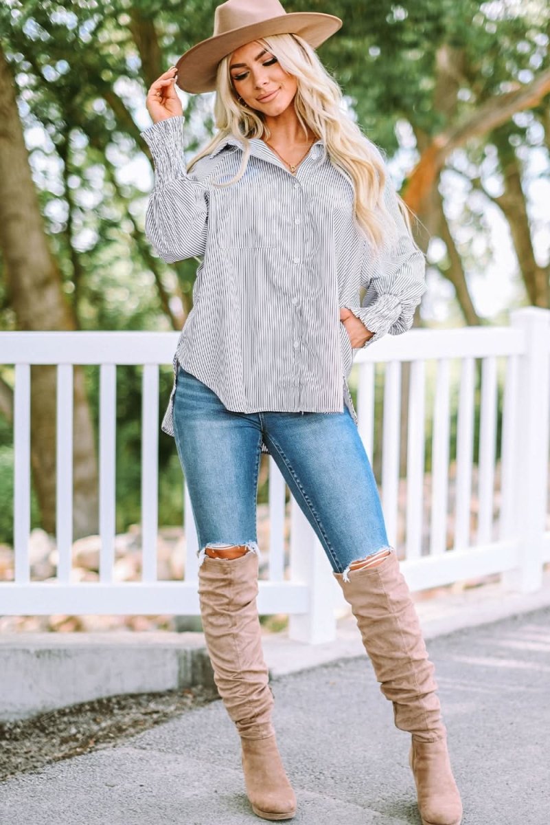 Smocked Cuffed Striped Boyfriend Shirt with Pocket - Love Salve