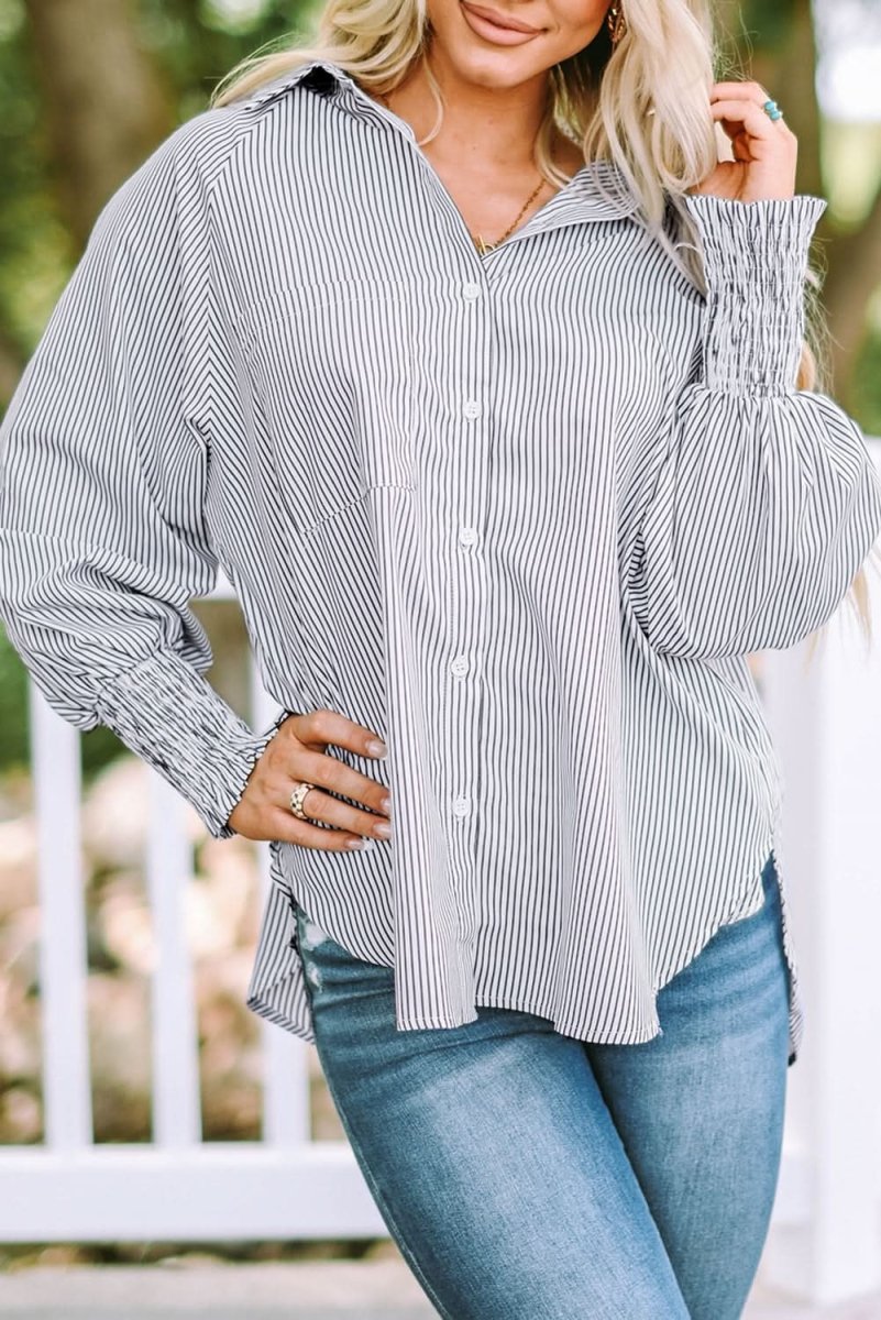Smocked Cuffed Striped Boyfriend Shirt with Pocket - Love Salve