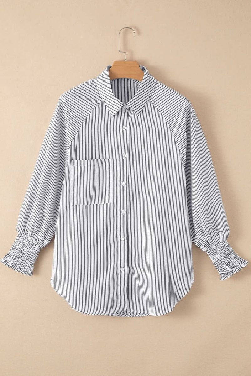 Smocked Cuffed Striped Boyfriend Shirt with Pocket - Love Salve