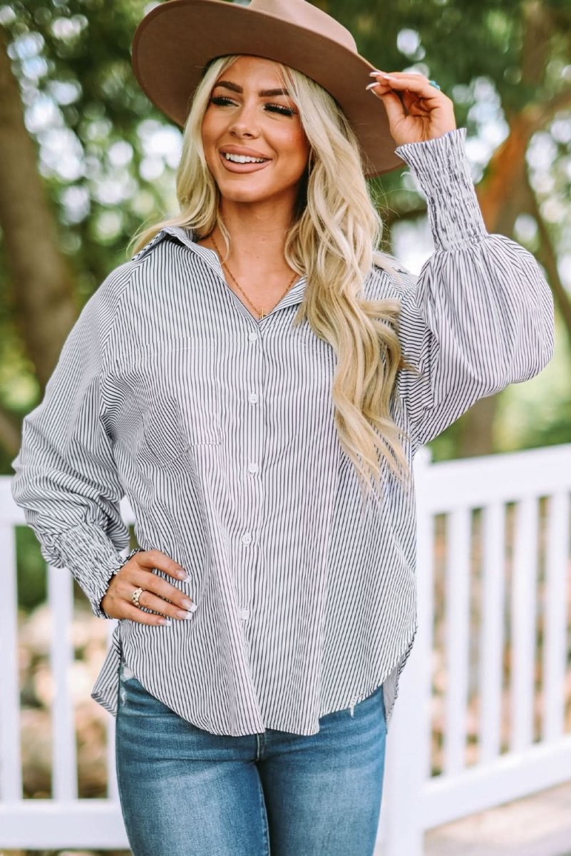 Smocked Cuffed Striped Boyfriend Shirt with Pocket - Love Salve