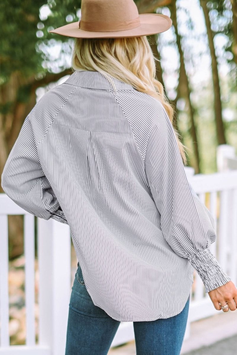 Smocked Cuffed Striped Boyfriend Shirt with Pocket - Love Salve