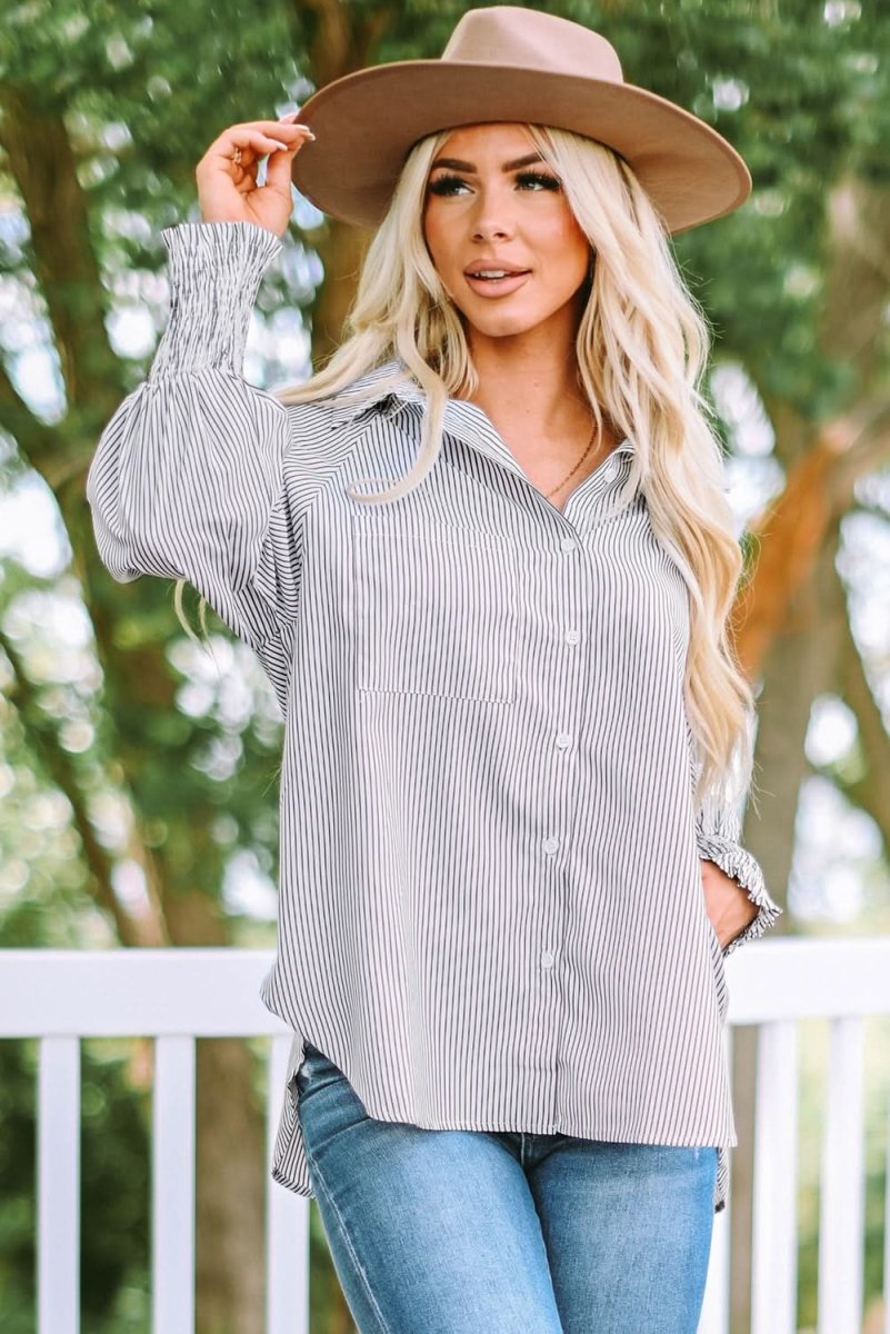 Smocked Cuffed Striped Boyfriend Shirt with Pocket - Love Salve