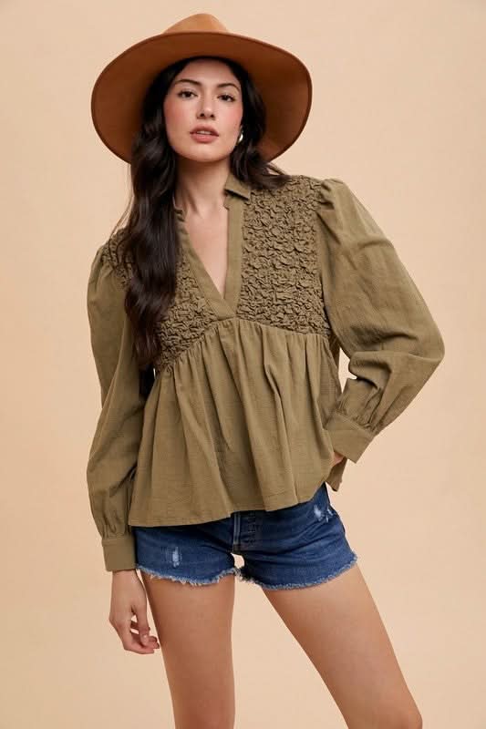 Smocked Front Babydoll Blouse with Long Sleeves - Love Salve