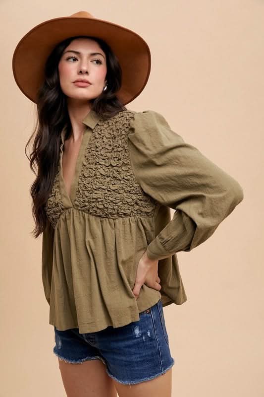 Smocked Front Babydoll Blouse with Long Sleeves - Love Salve