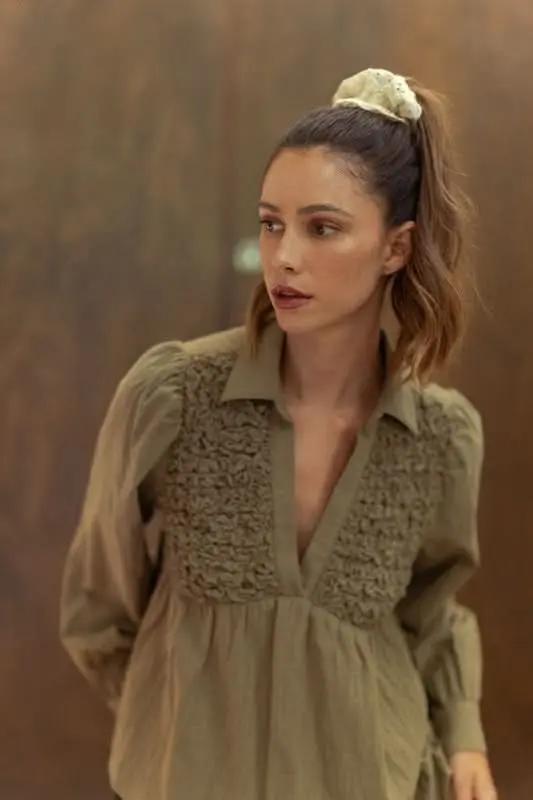 Smocked Front Babydoll Blouse with Long Sleeves - Love Salve