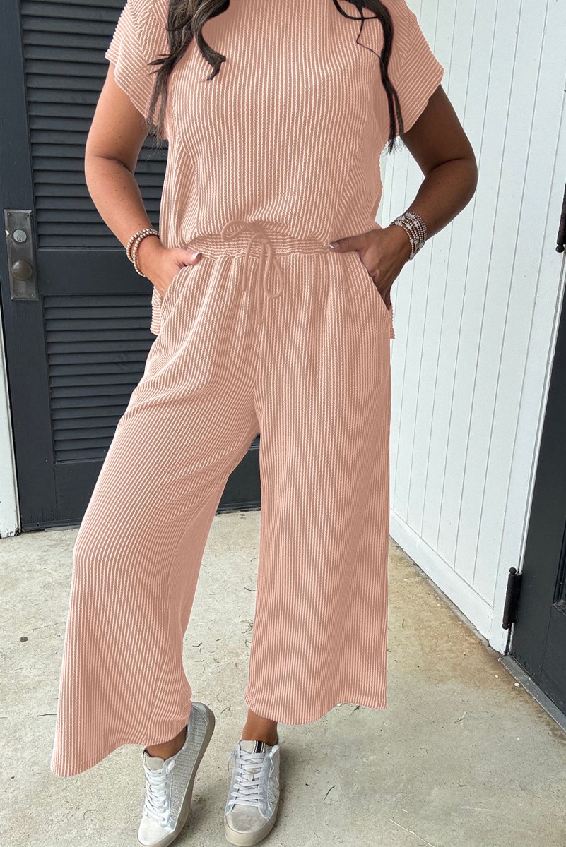 Smoke Gray Solid Corded Knit Short Sleeve T Shirt and Wide Leg Pants Set - Love Salve