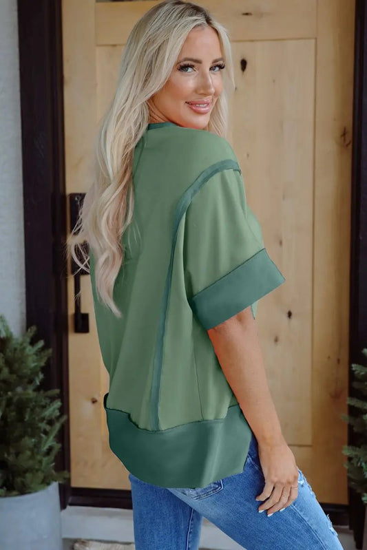Smoke Green Half Sleeve Raw Seam High Low Side Split Top - Love Salve