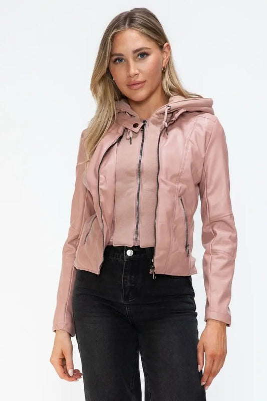 Snobbish Faux Leather Zip Up Drawstring Hooded Jacket - Love Salve