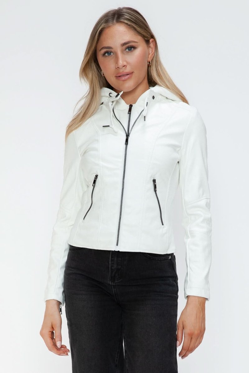 Snobbish Faux Leather Zip Up Drawstring Hooded Jacket - Love Salve
