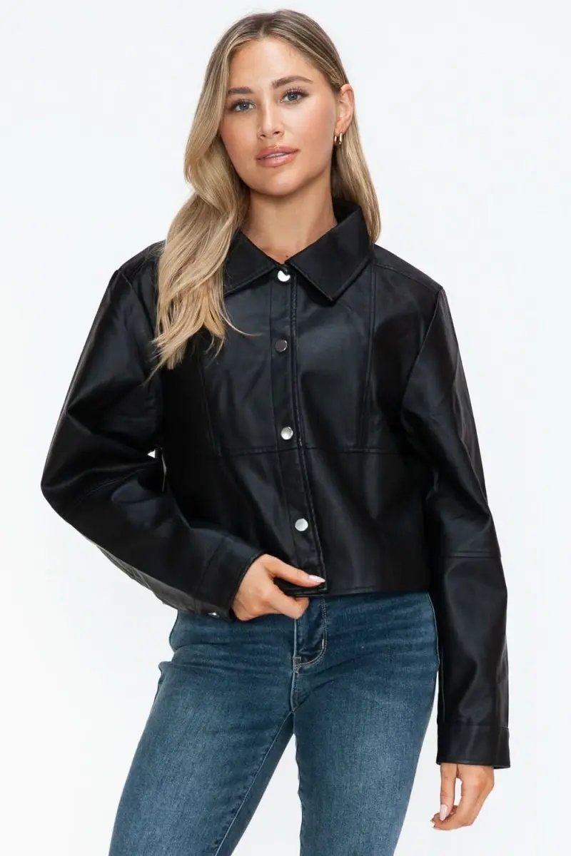 Snobbish Snap Down Long Sleeve PU Leather Jacket - Love Salve