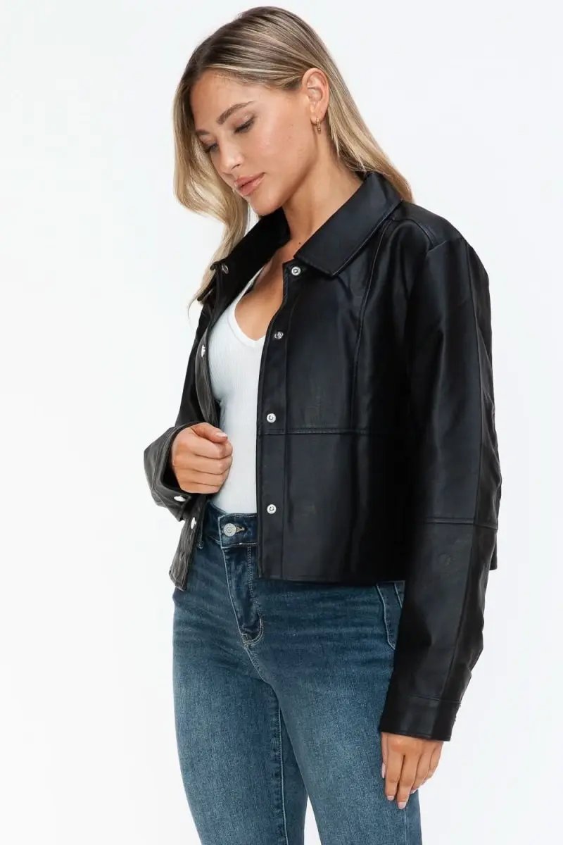 Snobbish Snap Down Long Sleeve PU Leather Jacket - Love Salve