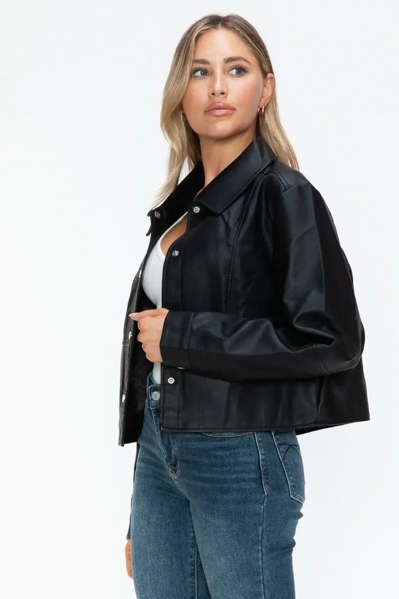 Snobbish Snap Down Long Sleeve PU Leather Jacket - Love Salve