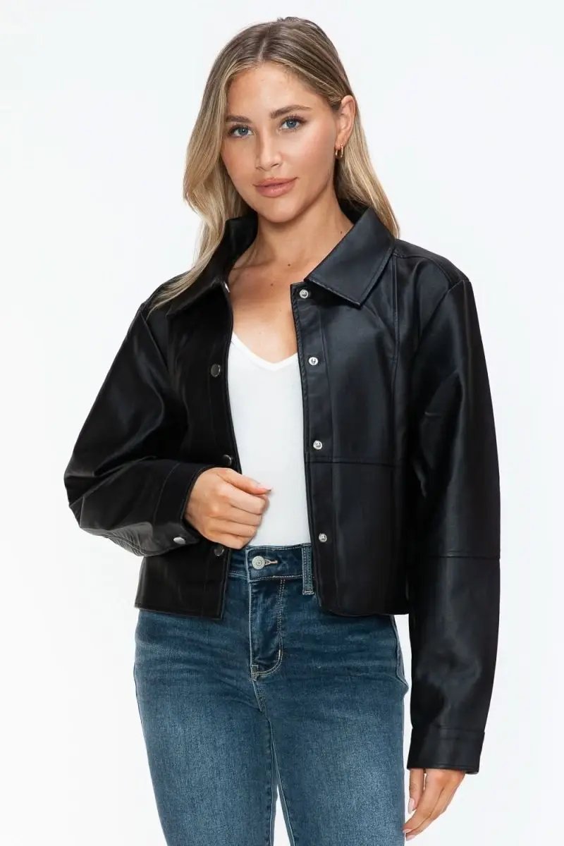 Snobbish Snap Down Long Sleeve PU Leather Jacket - Love Salve