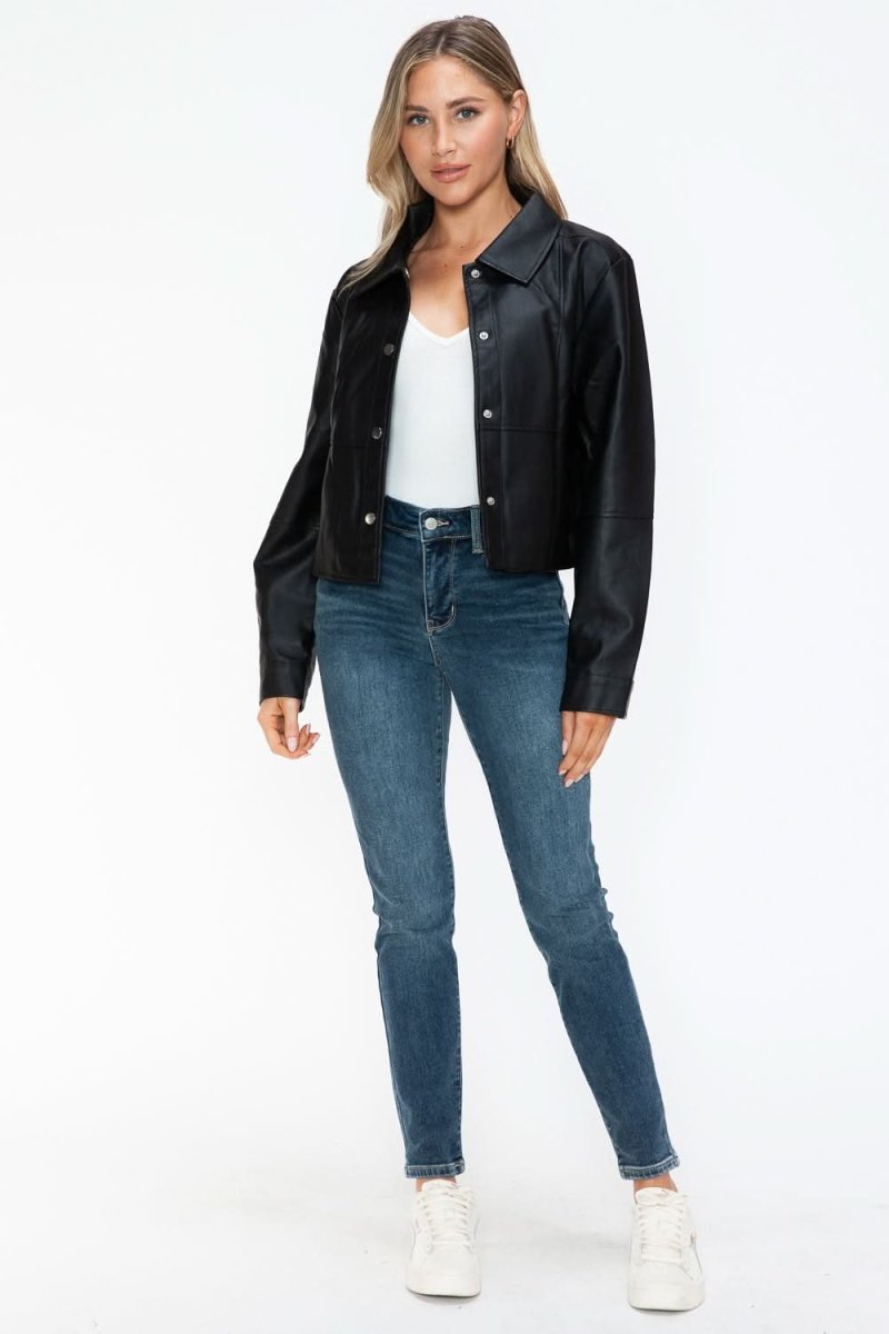 Snobbish Snap Down Long Sleeve PU Leather Jacket - Love Salve