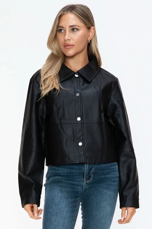 Snobbish Snap Down Long Sleeve PU Leather Jacket - Love Salve