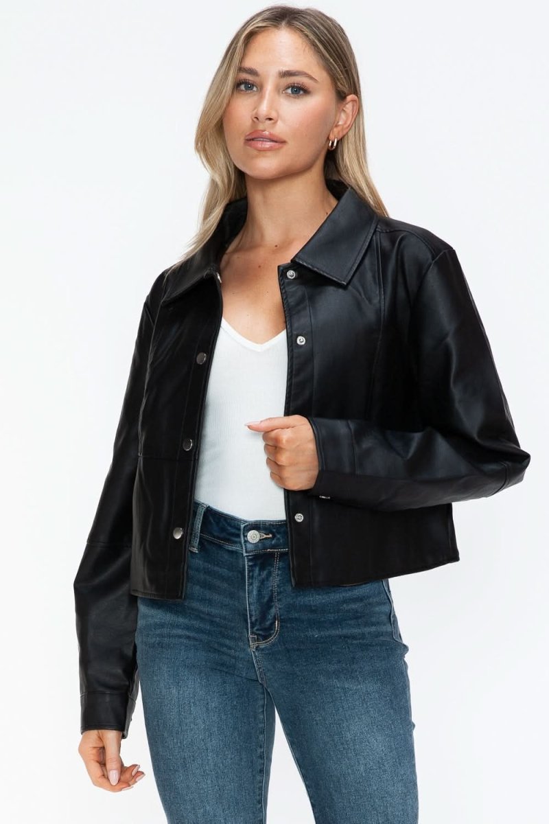 Snobbish Snap Down Long Sleeve PU Leather Jacket - Love Salve