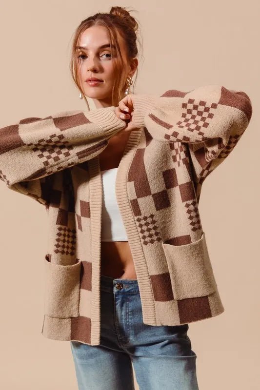 SO ME Checkered Open Front Cardigan with Pockets - Love Salve