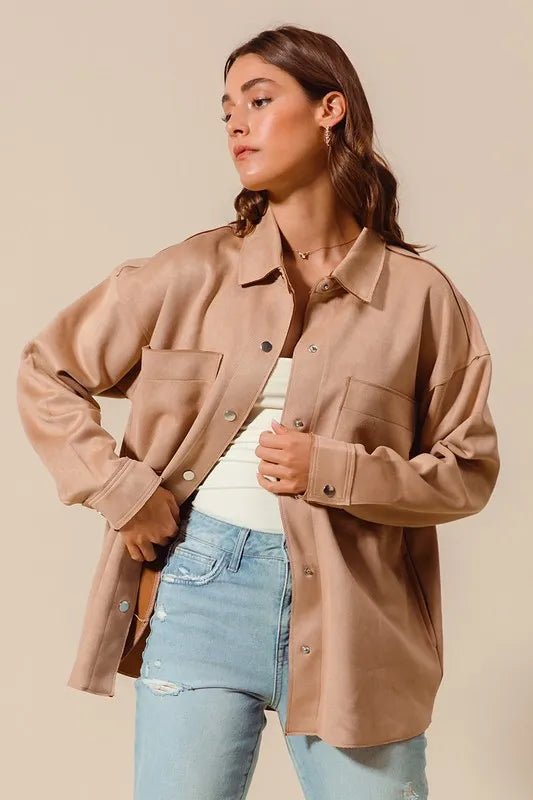 SO ME Faux Sued Snap Shacket with Collar and Pockets - Love Salve
