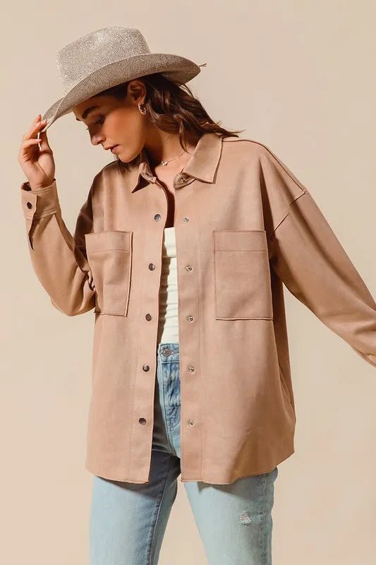 SO ME Faux Sued Snap Shacket with Collar and Pockets - Love Salve