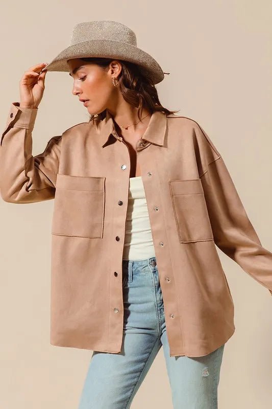 SO ME Faux Sued Snap Shacket with Collar and Pockets - Love Salve